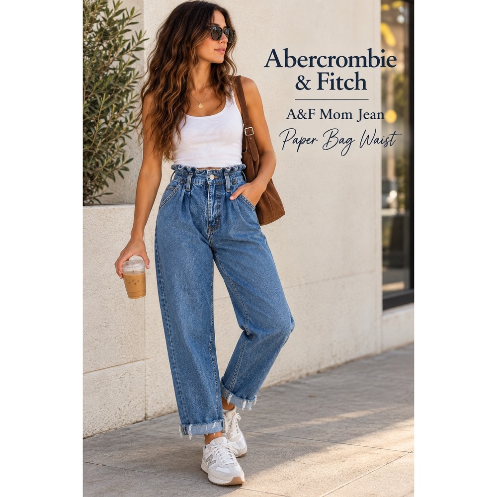 Abercrombie & Fitch A&F Mom Jeans 24 Blue Paper Bag Waist Embroidered